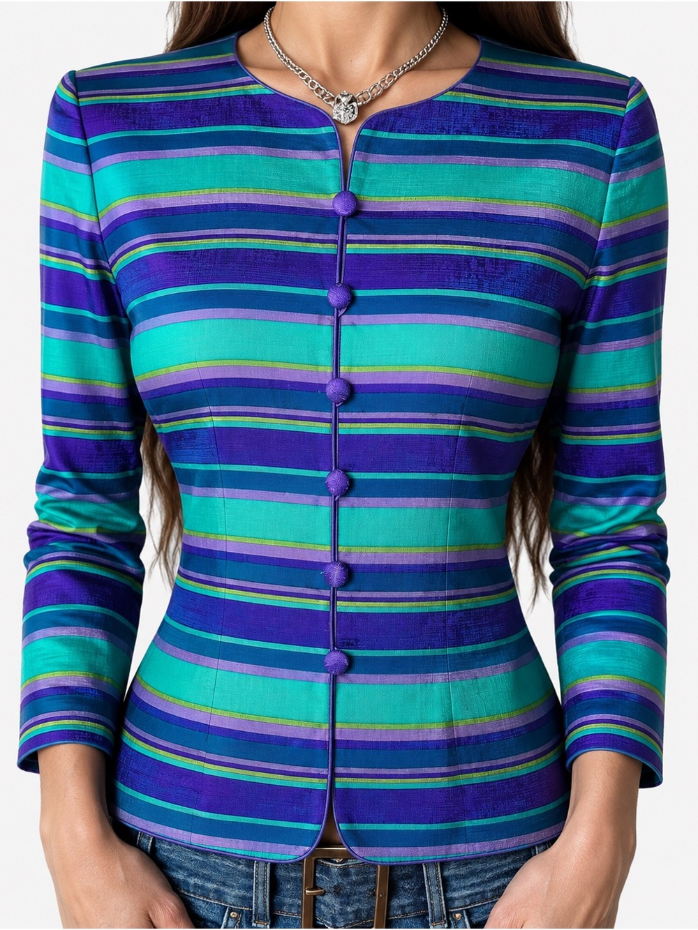 Vintage Adrianna Papell 100% Silk Striped Button Front Blazer 4P Green Purple